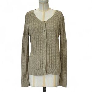 TALBOTS Longline Pima Cotton Cable Knit Cardigan Sweater Neutral Tan Size Medium